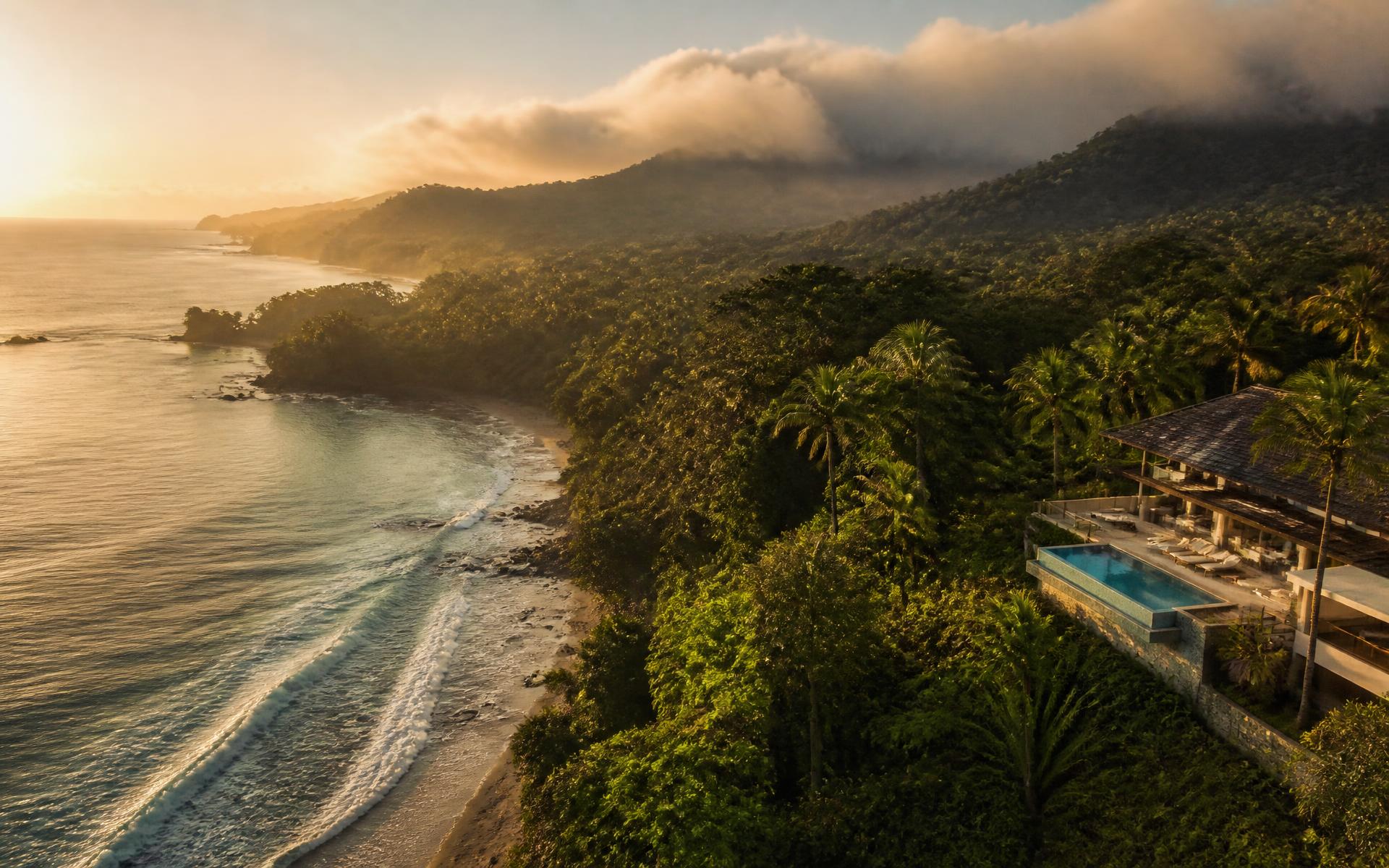 Aerial view of a secluded Costa Rican bay at golden hour