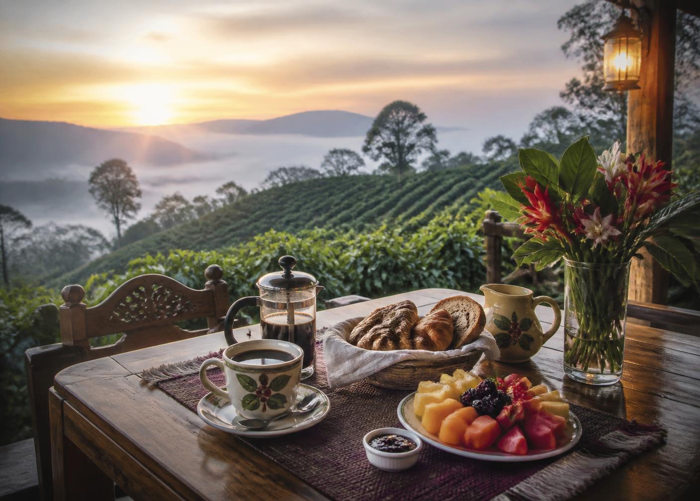 Breakfast set on a highland coffee farm terrace at sunrise